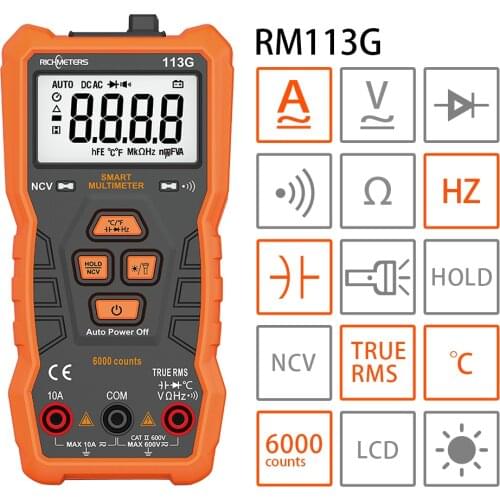 RICHMETERS RM113D NCV Digital Multimeter 6000 Counts Auto Ranging AC/DC Voltage Meter Flash Back Light Large Screen 113A/D New