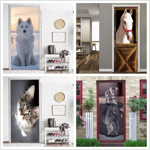 Home Decor Animal Wallpaper Horse Tiger Cute Cat Vinyl Removable Door Cover Sticker For Children Room Self-adhesive Deur Sticker