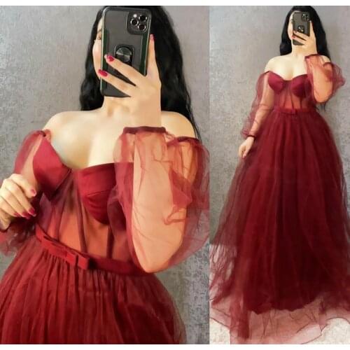 Elegant A-Line Tulle Long Sleeve Prom Dresses Corset Back Floor Length Robe De Soiree Burgundy Formal Party Gown