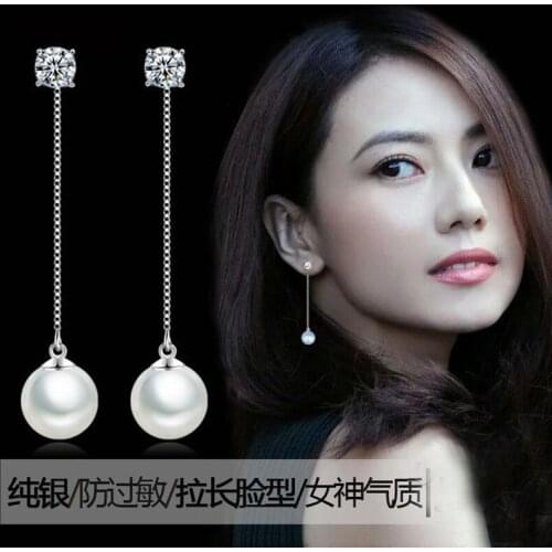 Good Jewelry Fashion Pure 925 Sterling Silver Pearl Stud Earrings Long Tassel Crystal Earrings Jewelry Pendientes Brincos