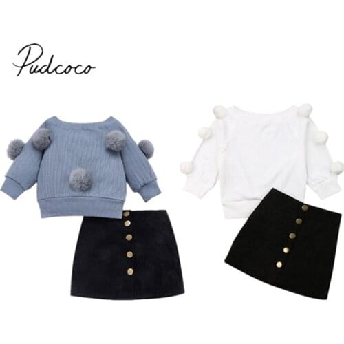 2019 Baby Spring Autumn Clothing Toddler Kids Baby Girl Long Sleeve Fuzzy Balls Tops Mini Skirt 2Pcs Set Outfits Fashion Clothes