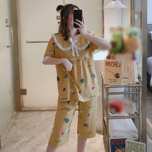 Summer Pajamas Suit Cute Printed Short-sleeved Cropped Pants Home Pajamas Loose Doll Collar Pajamas Two-piece Suit