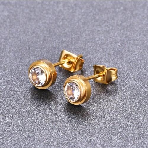 Martick Round Stud Earrings Rose Gold Color Single Shining Cubic Woman Brincos Earrings Wedding Jewelry E155