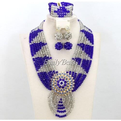 Fashionable African Beads Jewelry Sets Royal Blue Crystal Beads Jewelry Set Grey Bridal Necklace Set Free Shipping AMJ298