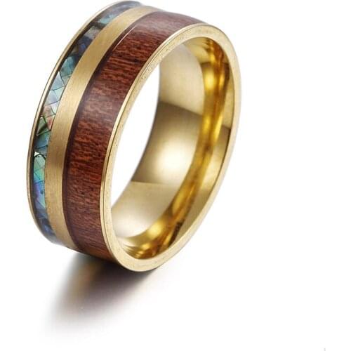 Stainless Stee Ring for Men 8mm Groove Hawaiian Wood and Abalone Shell Titanium Engagement Wedding Rings Size 6-13