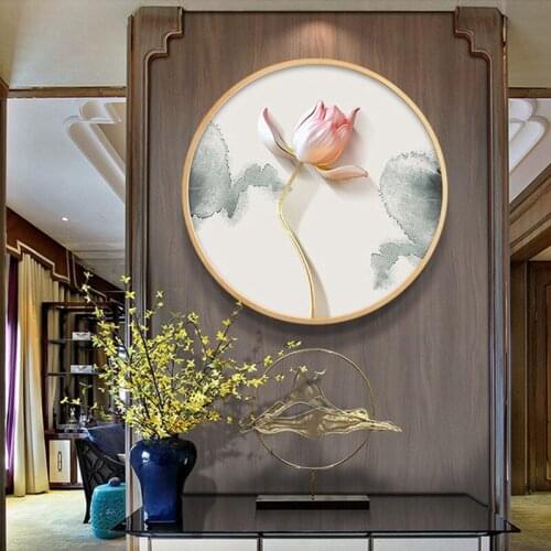 Chinese Style Wall Art Canvas Painting Ink and Lotus Flowers Poster Picture Home Decor-Round Wooden-frame Poster for Living Room