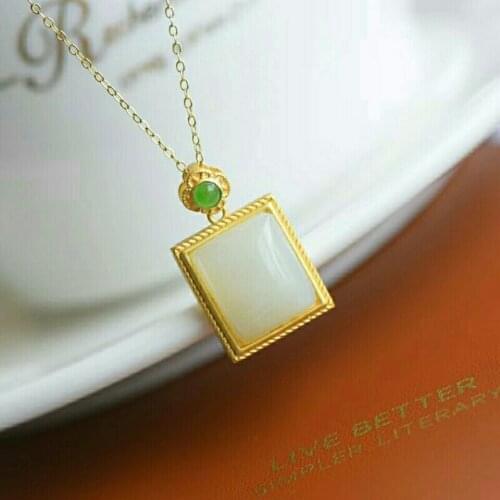 Natural Hotian Jade Pendant Necklace Small Square Brand S925 Silver Ancient White Jade Pendant Retro Silver Pendant Silver Femal