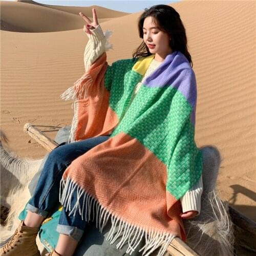 New arrival fashion Autumn winter patchwork tassel plaid scarf women warm high quality elegant cute girls big shawl