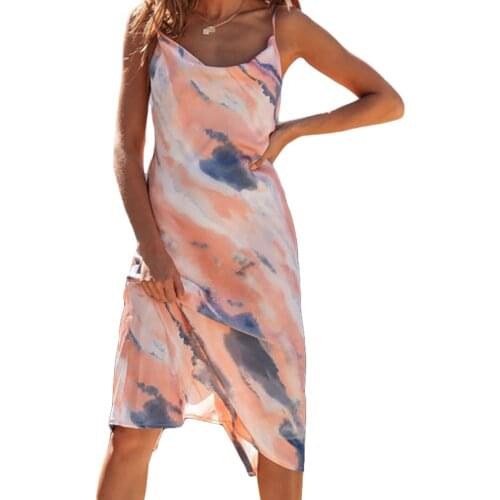 Women Summer Slip Dress, Abstract Printing Spaghetti Strap Sleeveless Braces Skirt with Back Slit Hem for Girls, 3 Colors