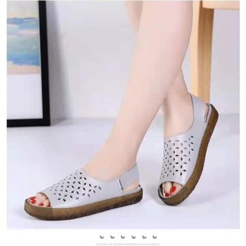 Womens Summer Sandals Open Toe Leather Hollow Casual Sandals Comfortable Breathable Large Flat Sandals Antiskid Beach Shoes