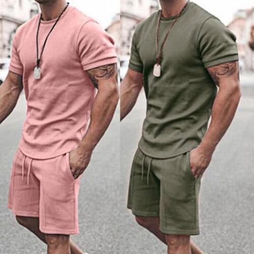 Tracksuit Men Casual Shorts Sets T Shirt +Shorts Solid Color Drawstring Men Loose Short Sleeve T-shirt Pocket Shorts for Fitness