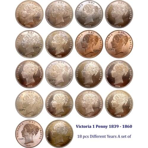 Great Britain Victoria 1 Penny 1839 - 1860 18 pcs Different Years A set of Red Copper Copy Coin