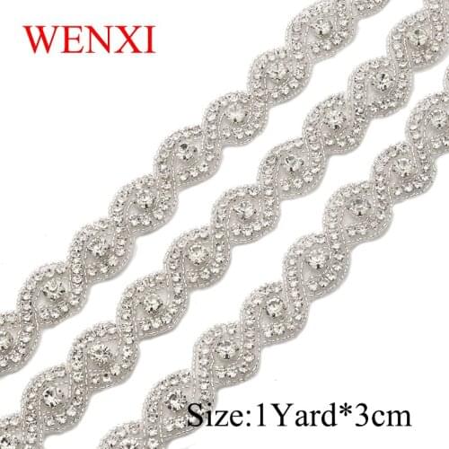 WENXI 10YARDS Hand Beaded Sewing Bridal Sliver Clear Crystal Rhinestone Applique Trim Iron On For Wedding Dress Sash WX809
