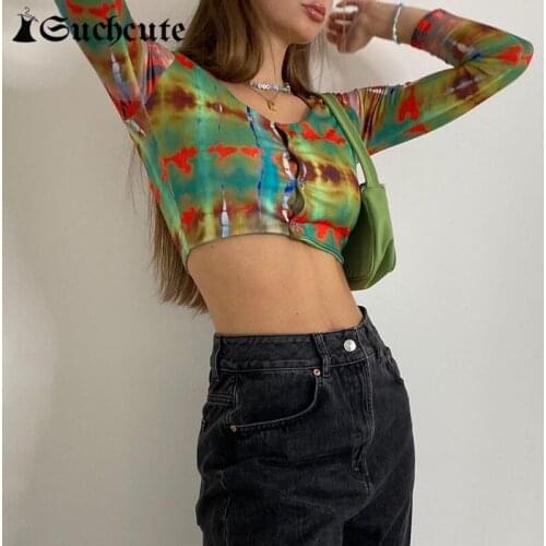 SUCHCUTE Tie Dye Women Y2K T-Shirts Harajuku Long Sleeve Button Up Lady Cropped Tops Slim Clubwear Outfits Vintage Casual Tees