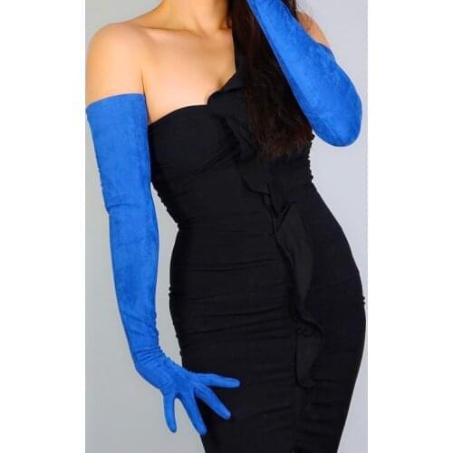 Womens runway fashion faux suede leather blue long gloves female sexy club party dress dancing driving long glove 70cm R2706