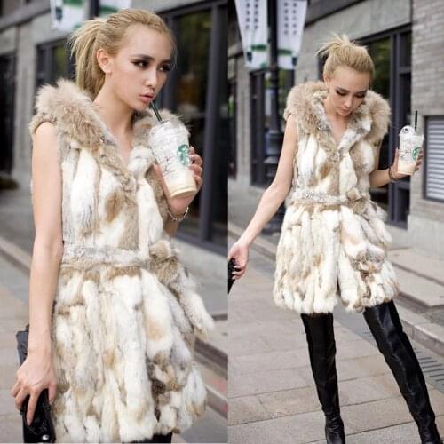 Ethel Anderson Women Real Rabbit Fur Vest Hooded Fur Gilet Sleeveless Jacket Real Rabbit Waistcoat Long Style
