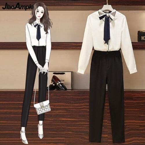 Womens Spring Autumn 2 Pcs Set 2021 New Office Lady Graceful Bow-Knot Shirt+ Suit Black Pants Sets Fashion Chiffon White Blouse