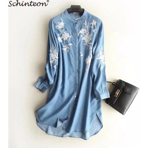 2018 Europe and America Women Thin Denim Loose Embroidery Dress Long Sleeve Flower Long Blouse Stand Color Split