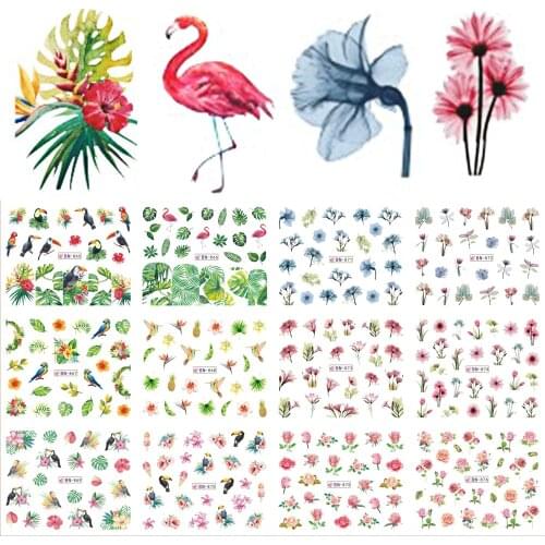 12 Designs Water Decals Slider Summer Jungle Flamingo Parrot Flora Watermark Nail Sticker Decoration Wraps Manicure BEBN865-876