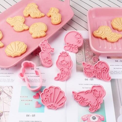 6pcs/set 3D Birthday Mermaid Series Cake Biscuit Mold plastic Cookie Cutters Mould Party Decorations DIY sea world mold