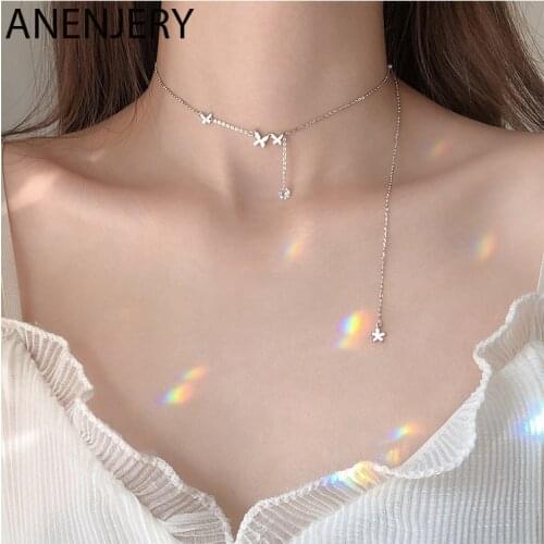 ANENJERY 925 Sterling Silver Cubic Zircon Butterfly Long Chain Tassel Necklace Clavicle Chains Choker For Women Gift S-N568