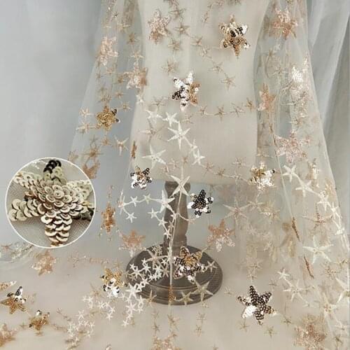 Exquisite beaded piece star sequins gold thread embroidery mesh evening dress fabric sequin long dress MF15