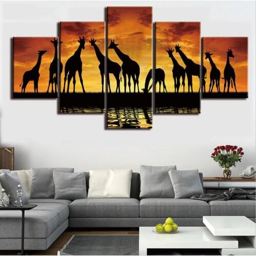 HD Printed Painting On Canvas Poster Artworks 5 Panel Silhouette Africa Giraffe In Sunset Modern Home Wall Art(No Frame)