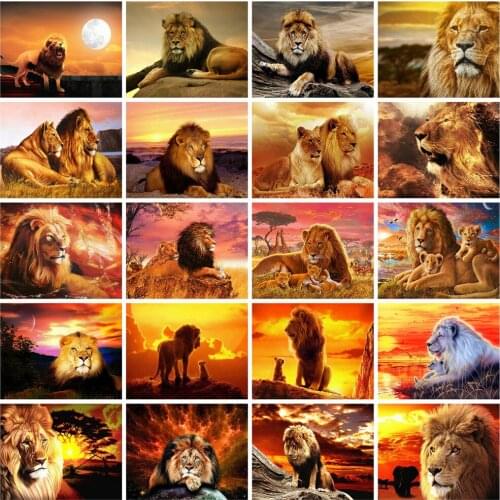 Huacan 5D Diamond Painting Full Square Rhinestones Mosaic Lion Sunset Diamond Embroidery Kits Cross Stitch Animal Home Decor