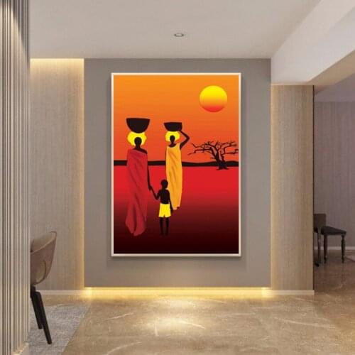 African Culture Art Posters and Prints on Canvas Painting Sunset Landscape Wall Art Picture for Living Room Aisle Home Decor