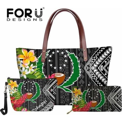 FORUDESIGNS Handbag Bags Set for Women 2021 Pohnpei Polynesian Tribe Plumeria Printed Purses Large Beach Bag with Wallet Tote