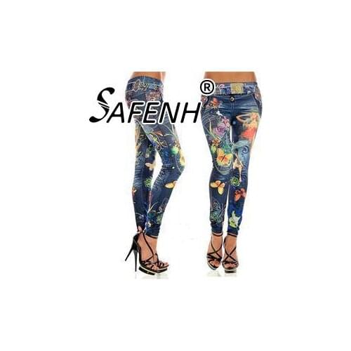 Autumn High Quality Skinny Leggings Pretty Ankle-Length Simulated Jean Butterfly Print Leggings Women Free Size Black Blue