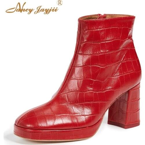 Stone-effect Platform Woman Ankle Botas Ladies Shoes Red Edith Side Zipper Short Plush 2021 Winter Autumn Big Size 45 44 Dress