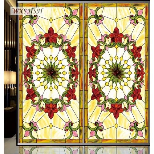 Custom Size Glass Sticker Static Cling Opaque Hot Sale Mixed Color Home Decoration Stained Church Flower Window Film 40cmx100cm