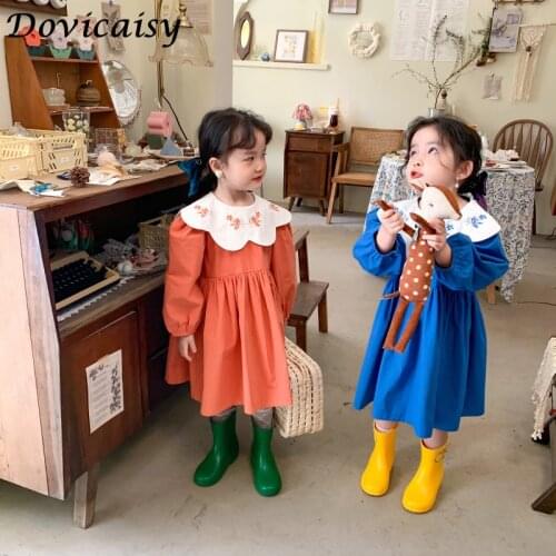 Girls Dress Embroidered Lapel Collar Princess Dress 2021 Spring Children Sweet Lady Style Long Sleeve Cotton Causal Dresses