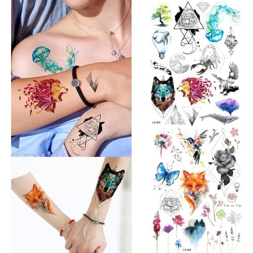 REJASKI Temporary Tattoo Lion Wolf Flowers Waterproof Triangle Mountain Rose Tatoos Flash Body Art Fake Tattoo Stickers