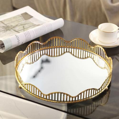 Nordic Light Luxury Metal Round Tray Living Room Home Mirror Glass Tea Tray American Tea Cup Tea Table Storage Decoration