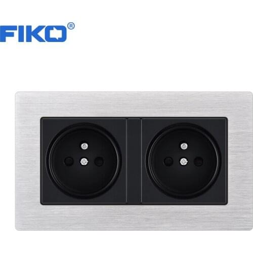 FIKO Double EU french Standard Wall Power Socket ,146mm*86mm Silver-Black Aluminium Alloy Panel Wall Power Socket Power Outlet