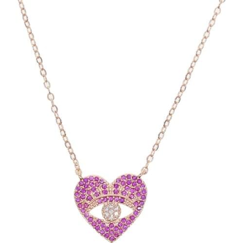 Rose gold color fashion women jewelry micro pave red cubic zirconia heart shaped evil eye necklace