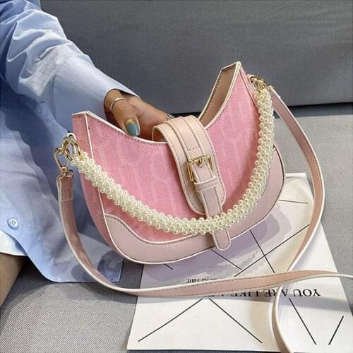 Modern Women Handbag Half Moon Style pearl portable Chain armpit bag Ladies Shoulder bag PU Canvas Patchwork Messenger bag Totes
