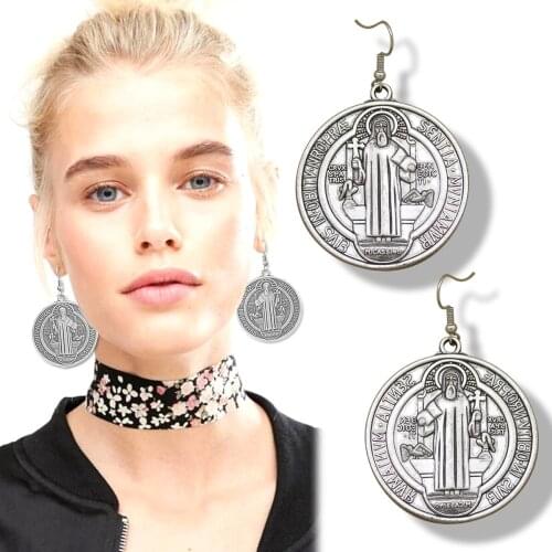 Vintage Saint St Benedict Nursia Medal Medalla De San Benito Cross Earrings Pray Women Oorbellen Jewelry Orecchini