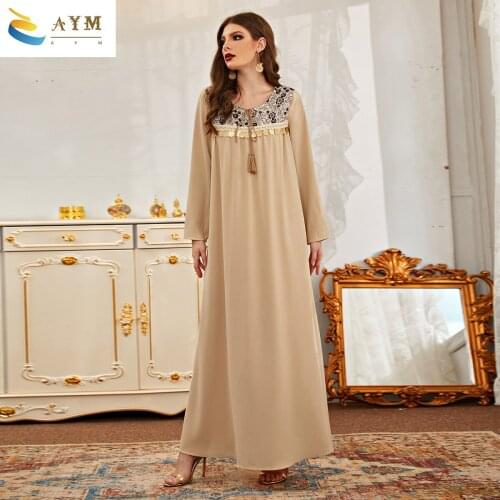 Late Fashion long skirt temperament round neck solid color embroidery sequins tassel slim dress Casual Middel East Women Skirt