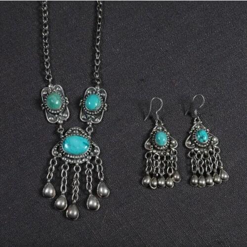 Old Handmade Nepalese 925 Silver Turquosie Necklace Earrings Vintage 925 Sterling Bohemia Women Jewelry Necklace Earrings Set