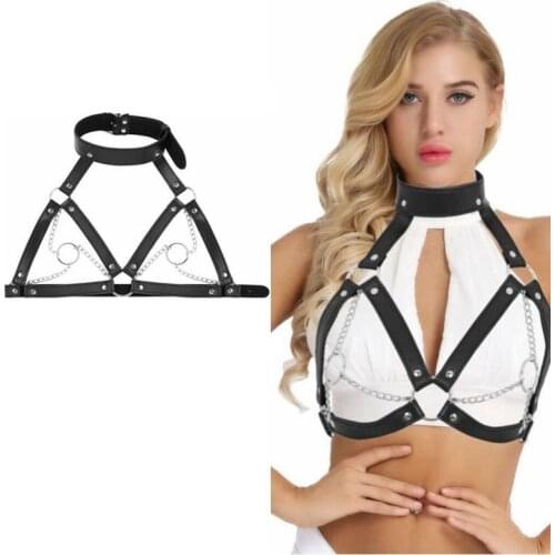 Women PU Leather Metal Nipple Ring Cage Bra Breast Restraint Harness Straps Belt Fetish Costume