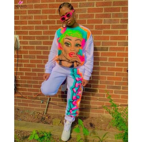 Streetwear 2 Two Piece Set Women Tracksuit Cartoon Print Winter Long Sleeve Sweatshirt Sweatpants Sweat Suit Jogging Femme