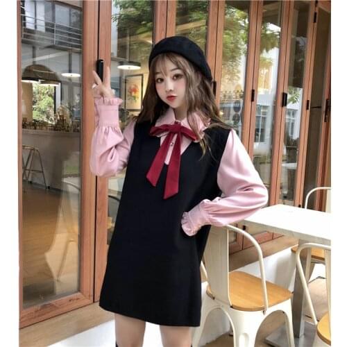 Preppy Style Womens Shirt & Vest Dress Set Pink Bow Tie Long Sleeve Shirt & Black Sweater Dress Mini Dress