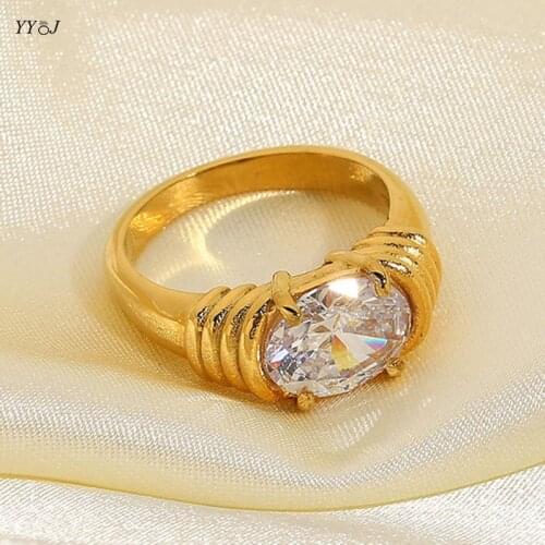 Pleated big zirconia stone engagement rings for women stainless steel dainty elegant dainty gold ring trendy women jewelry 2021