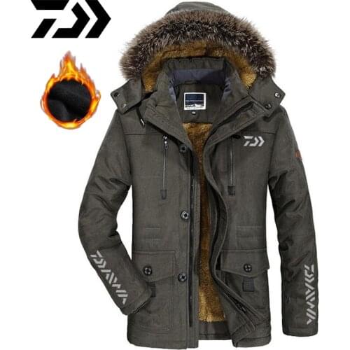 Daiwa Winter Jacket Men Plus Size 6XL Cotton Warm Fishing Parka Coat Casual Faux Fur Hooded Fleece Male Windbreaker Jacket