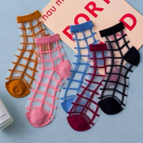 1 Pair Women Socks Harajuku summer Transparent Socks Striped Plaid Dots Breathable Funny silk crystal Socks Casual Ankle Socks