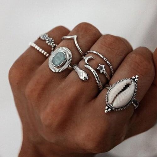 Boho Shell Rings Set For Women Accessories Retro Flower Star Moon Knuckle Ring Vintage Jewelry Female Anillos