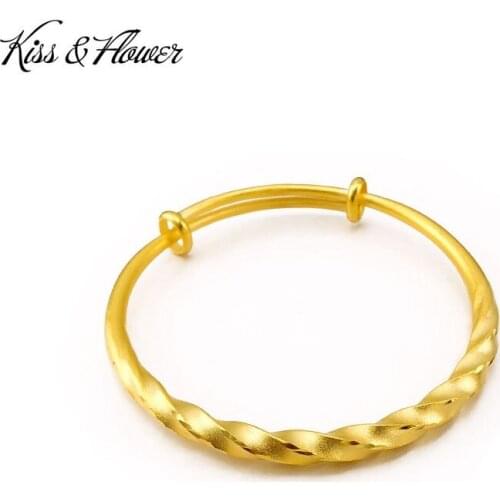 KISS&FLOWER BR47 Fine Jewelry Wholesale Fashion Woman Birthday Wedding Gift Twisted Round 24KT Gold Resizable Bracelet Bangle